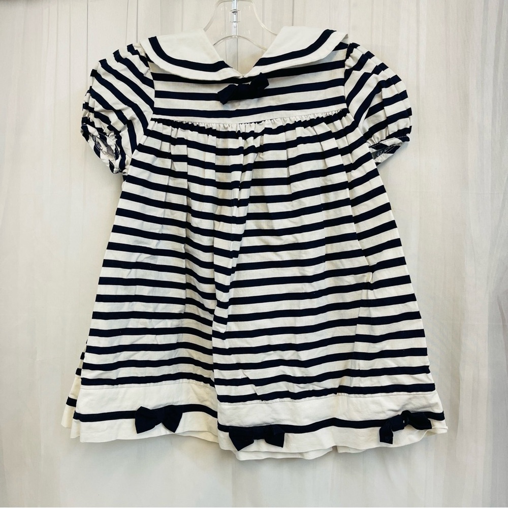Vintage Navy White Striped Dress Bows Nautical 4T Girls Sailor Peter Pan Collar